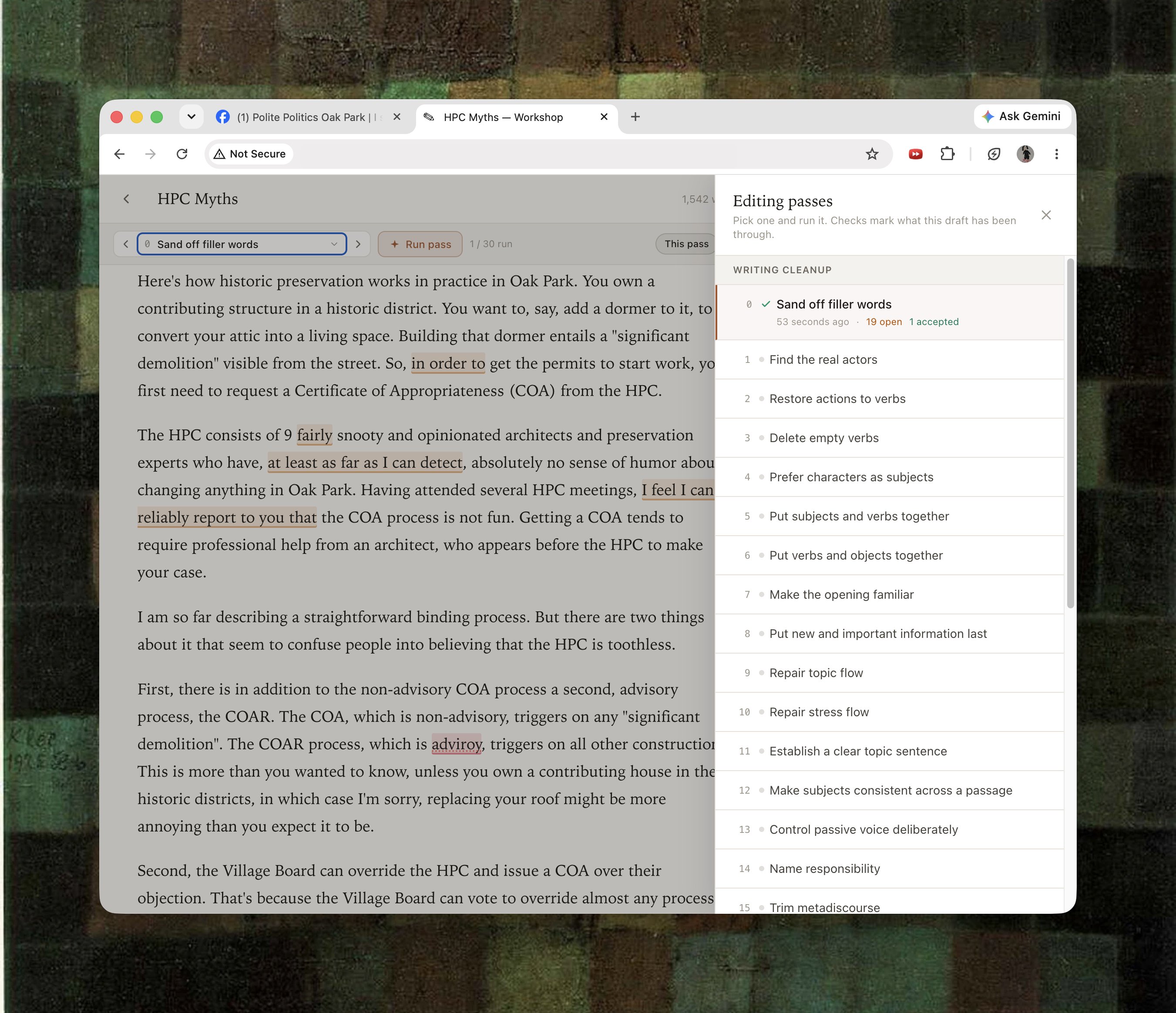 The workshopping tool, running an editing pass